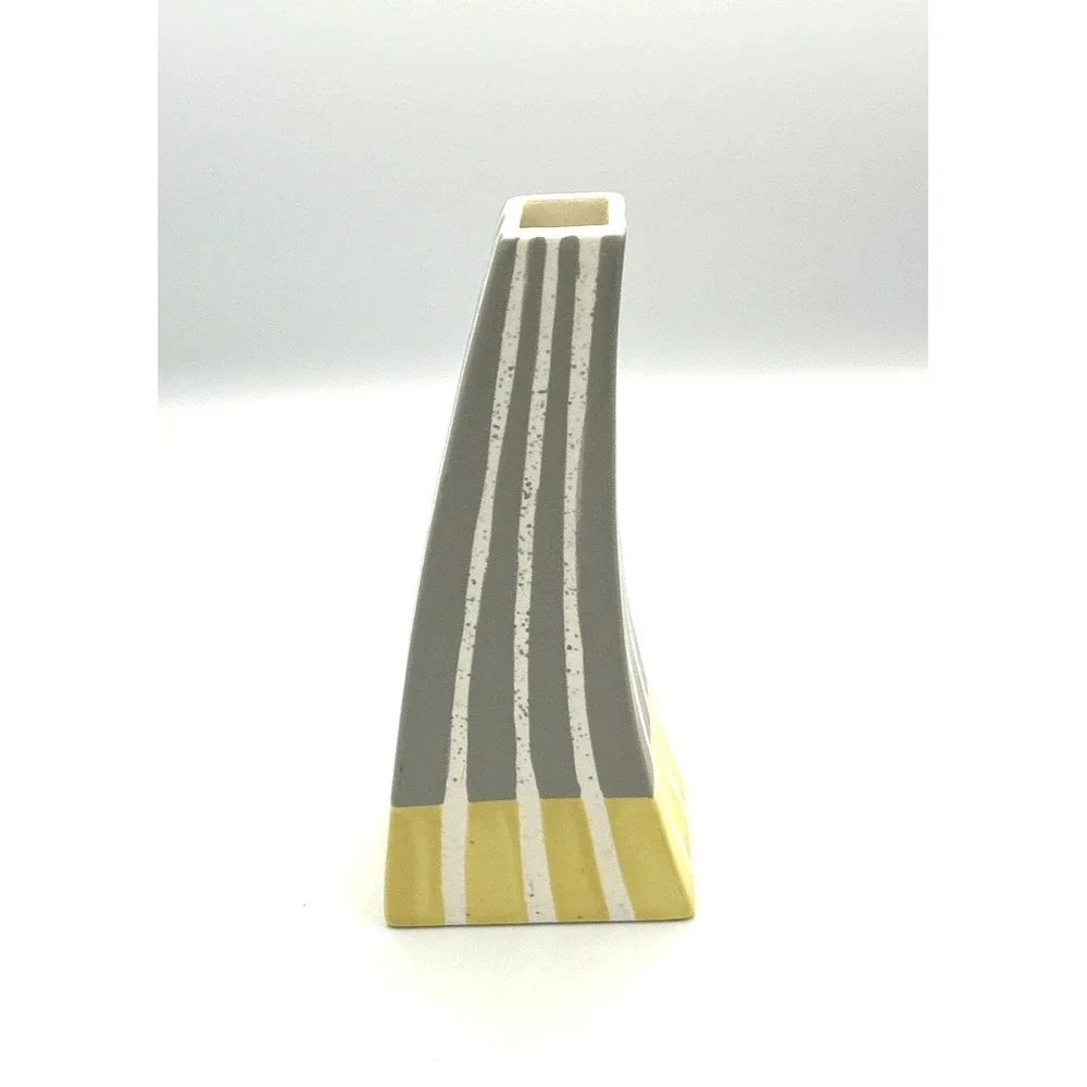 Ceramic Vase Abstract‎ Striped Yellow White & Gray Made in Vietnam #18431 Modern